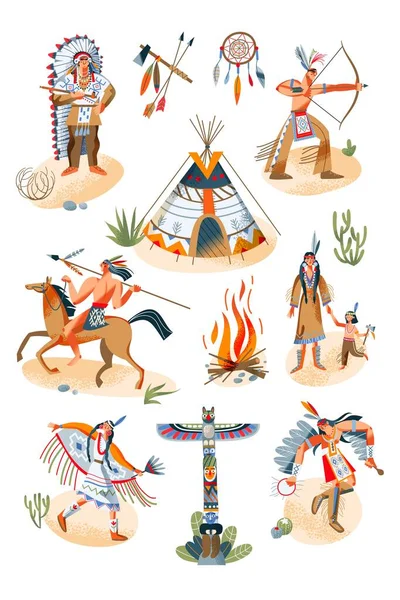 Dziki zachód indiański amerykański znaków i obiektów zestaw. Zachodni rdzenni ludzie, wigwam, broń i wektor ognia ilustracji. Młodzi mężczyźni i kobiety, dzieci odizolowane na białym tle — Wektor stockowy