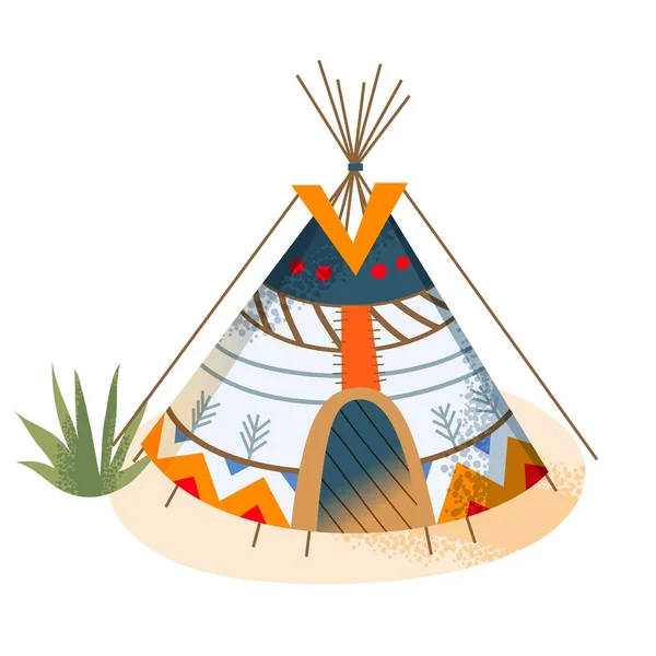 Wild west indian american wigwam with traditional elements. Western native tepee with colorful pattern vector illustration. House for people in nature isolated on white background —  Vetores de Stock