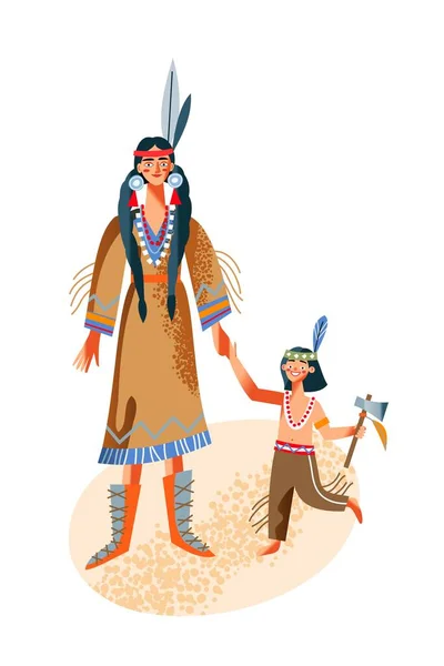 Wild west indian american woman with kid. Western native girl with boy in costume vector illustration. Young female standing and holding hand with child with axe isolated on white background —  Vetores de Stock