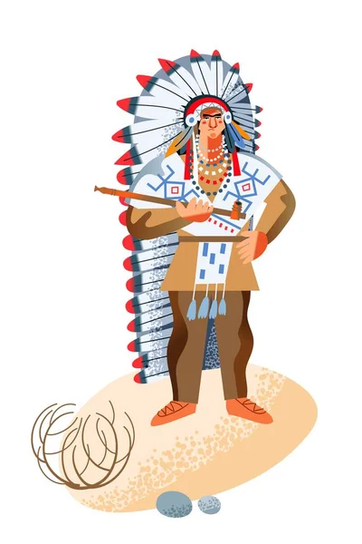 Sauvage West Américan homme fumant avec pipe. Indigène occidental avec illustration vectorielle d'objet. Jeune guerrier homme debout en costume isolé sur fond blanc — Image vectorielle