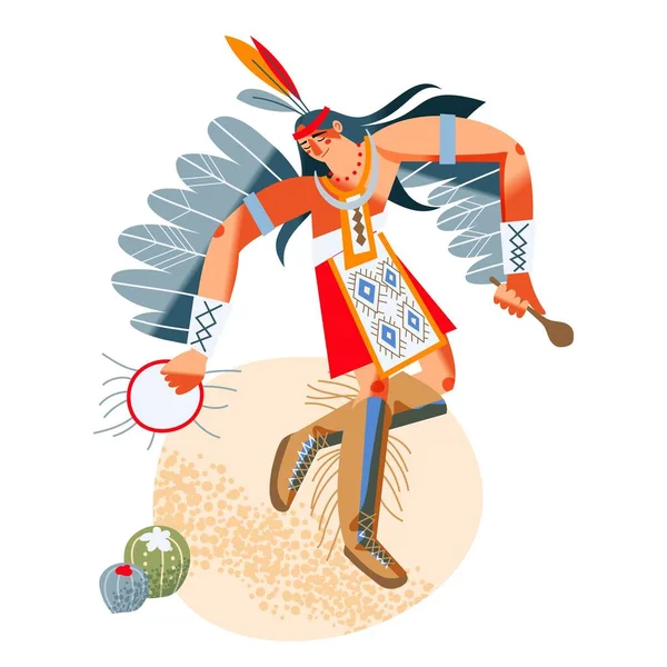 Wild west indian american boy dancing. Western native man in costume vector illustration. Young male performing ritual with fan in nature isolated on white background — Stock Vector