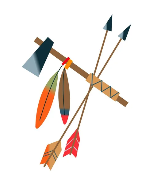 Άγρια Δύση Ινδικό αμερικανικό βέλος και τσεκούρι με φτερά. Δυτική εγγενή όπλο και στοιχεία εργαλείο διανυσματική απεικόνιση. Αντικείμενα για το κυνήγι και το κτίριο που απομονώνονται σε λευκό φόντο — Διανυσματικό Αρχείο
