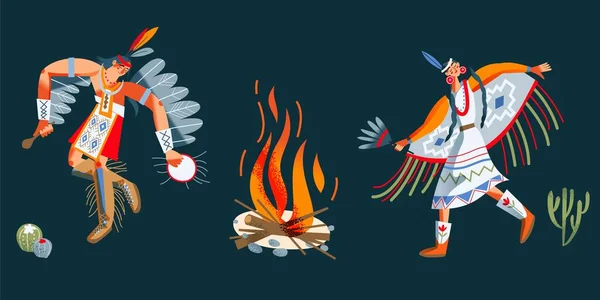 Indiska kvinnor och män från vilda västern dansar. Western infödda flicka och kille i kostym vektor illustration. Ungdomar utför ritual med musikinstrument genom eld på mörk bakgrund — Stock vektor
