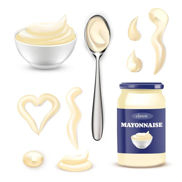 Mayonnaise sauce set. Bowl, bottle, spoon with mayo vector illustration. Jug with blue packaging, creamy dips and drips of different shape. Dressing for food product design — Stockvektor