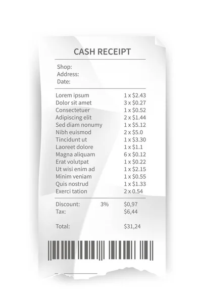Receipt, paper bill, shop and supermarket check vector illustration template. Realistic list of purchases with prices, barcode, taxes, payment with money on white. Finance transactions — Stock vektor