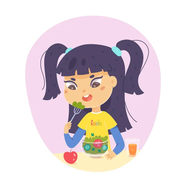 Kind isst gesundes Essen zum Mittagessen, Abendessen oder Frühstück, Mädchen sitzt am Tisch und isst Salat — Stockvektor