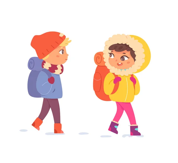 Niños con mochilas de senderismo en invierno, niña y niño exploradores caminata, disfrutar del clima de nieve — Archivo Imágenes Vectoriales