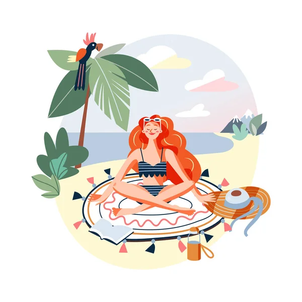 Chica relajante en vacaciones de verano mar playa, mujer en traje de baño sentado en posición de loto — Vector de stock
