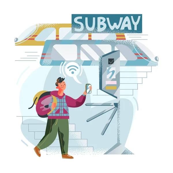 Cashless payment in subway, passenger in front of automatic barrier using phone to pay — Stock Vector