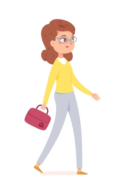 Učitelka chodí, mladá žena v brýlích drží tašku, dívka jde do práce — Stockový vektor