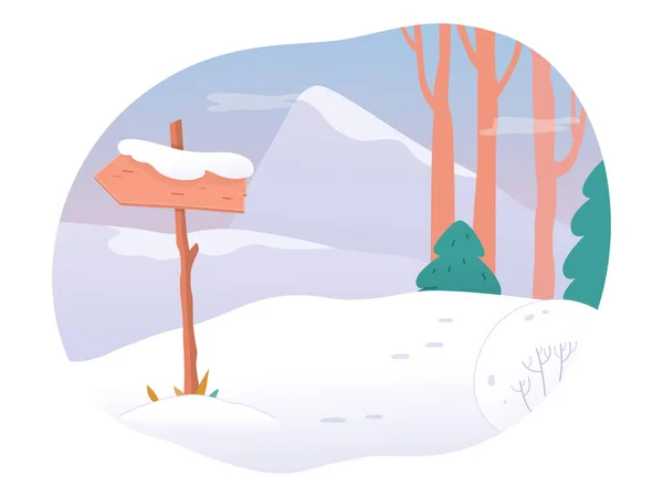 Señal de flecha de madera para excursionistas en el bosque nevado de montaña, escena linda con tabla en el sendero — Archivo Imágenes Vectoriales