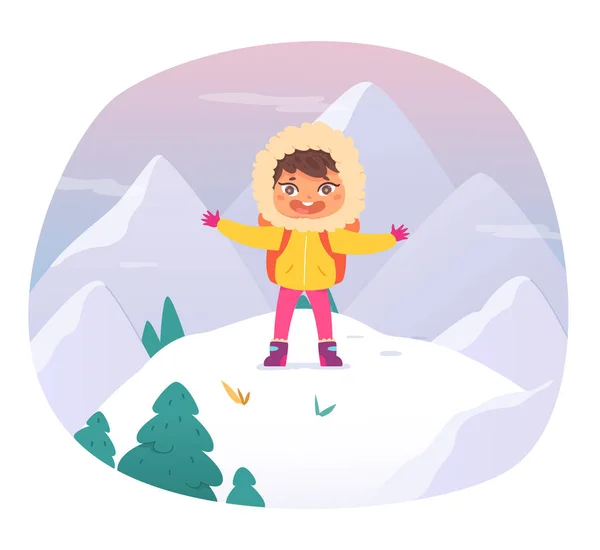Winter avontuur van kid vector illustratie. Cartoon kind staan op de top van de berg, leuke wandelaar meisje genieten van de winter reizen en sneeuw geïsoleerd op wit. — Stockvector