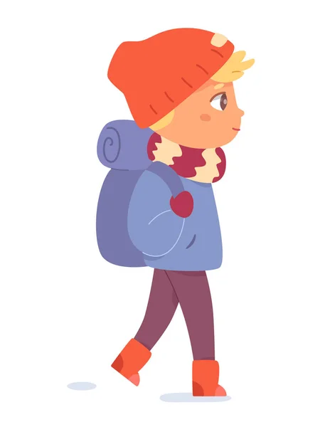 Boy hiking with backpack, winter walk of child in park or woods, scout in warm outfit — Stock Vector