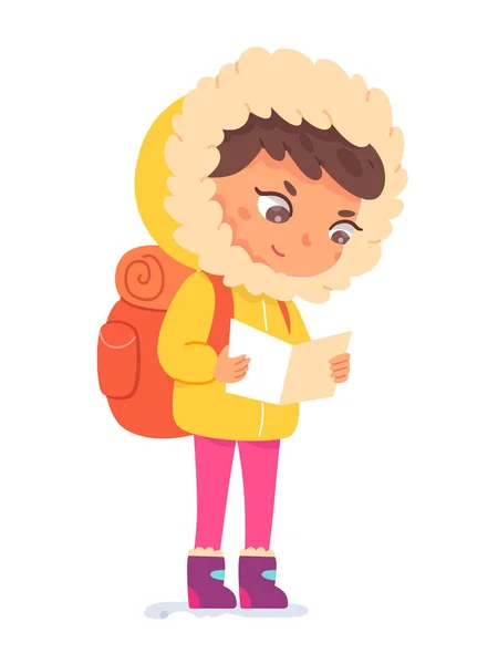 Leuke wandelaar kind met reiskaart op winteravontuur, reizende scout met rugzak — Stockvector