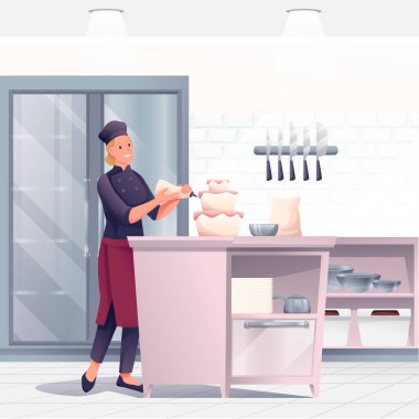 Kadın pasta pişiriyor, restoranda kremayla dekore ediyor. Profesyonel aşçı yemek vektörü çizimi hazırlıyor. Önlüklü ve şapkalı genç mutlu kız beyaz arka planda izole edilmiş.