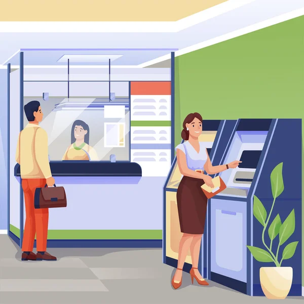 Worker and clients in bank office scene. Financial services, business department workplace vector illustration. Woman taking money from ATM, man at counter with cashier employee — Stock Vector