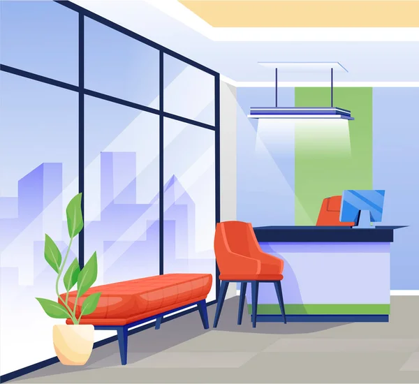 Banco de la oficina interior escena de fondo. Servicios financieros, departamento de negocios lugar ilustración vectorial. Diseño financiero del lugar de trabajo con escritorio, sillas, computadora, ventana, banco, planta — Vector de stock