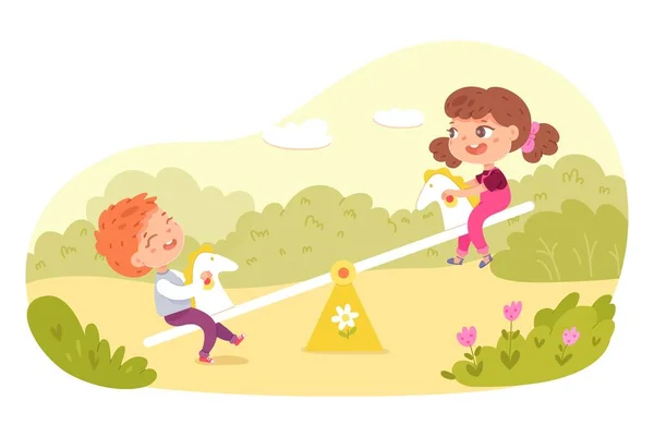 Kinderen spelen op schommel in park, speeltuin of achtertuin. Gelukkige kinderen doen outdoor zomer activiteiten vector illustratie. Jongen en meisje zitten op schommels, plezier hebben in de natuur — Stockvector