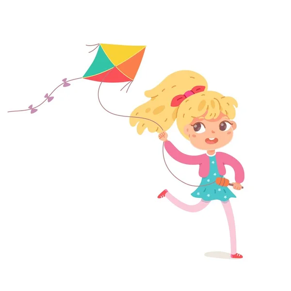Chica jugando con cometa voladora aislada sobre fondo blanco. Niño feliz haciendo la actividad de verano al aire libre vector de ilustración. Niño corriendo con juguete. — Archivo Imágenes Vectoriales