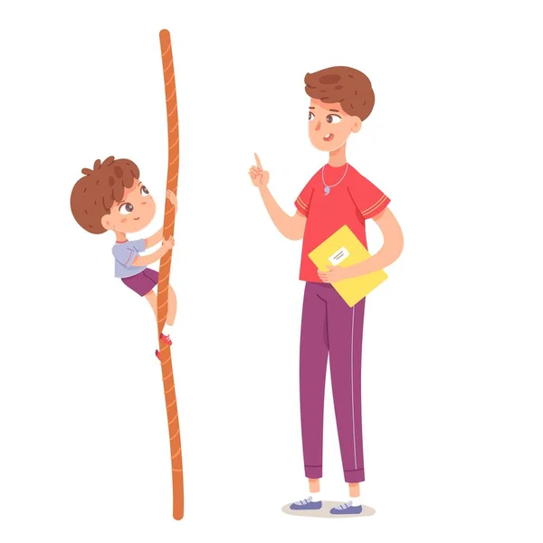 Knul klimt op touw in lichamelijke opvoeding op school. Kind met leraar doen oefening op koord in PE vector illustratie. Jongen opknoping, coach instrueren op witte achtergrond — Stockvector