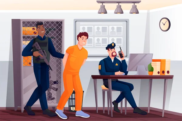 Poliser och fångar på polisstationen. Säkerhetstjänsten vektor illustration. Vakt med pistol ledande misstänkt, kille vid skrivbordet arbetar på dator med telefon — Stock vektor