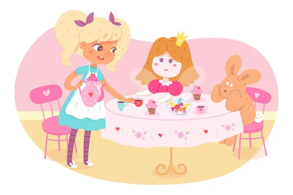 Ragazza che beve tè con giocattoli a casa. Bambino piccolo gioco di illustrazione vettoriale indoor gioco. Hapy bambino, bambola e coniglio avendo tea party a tavola con tazze, teiera, torte e teiera — Vettoriale Stock