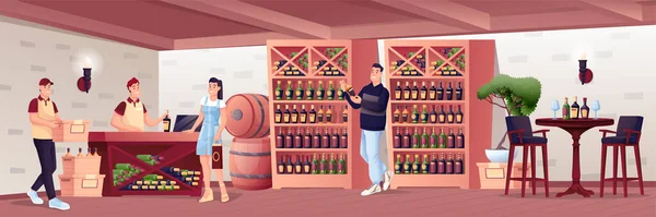 Οι άνθρωποι στο κατάστημα αλκοόλ. Κατάστημα κρασιού interioir σχεδιασμό με μπαρ τραπέζι για δοκιμή, ράφια με μπουκάλια, βαρέλια διανυσματική απεικόνιση. Αγορά γυναικών, επιλογή ανδρών, εργαζόμενος με κουτί και στο ταμείο — Διανυσματικό Αρχείο