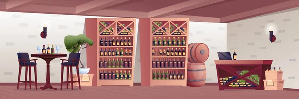 Alcohol shop interioir design de fundo. Loja de vinhos com mesa de bar para degustação com copos, prateleiras com garrafas, barris, balcão com ilustração vetorial computadorizada. Panorama horizontal — Vetor de Stock