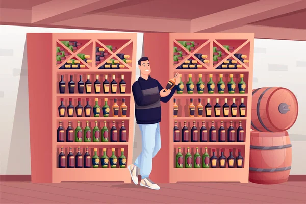 Mann wählt im Alkohol-Geschäft. Weinladen Interioir-Design mit Regalen mit Flaschenreihen, Fässer im Hintergrund. Junger glücklicher Kerl mit Flasche in der Hand — Stockvektor