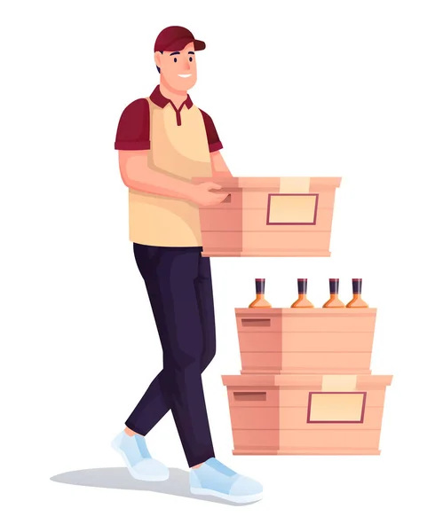 Man carrying box with alcohol bottles. Wine store delivery guy working vector illustration. Young happy worker walking and holding crate for shop or restaurant on white background — Stock Vector