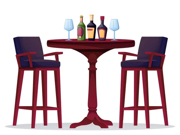 Alkohol-Geschäft oder Bar Innenarchitektur-Elemente. Weinladen mit Tisch zur Weinverkostung, Rum-Getränke aus Flaschen in Gläsern Vektor Illustration. Möbel und Getränke auf weißem Hintergrund — Stockvektor