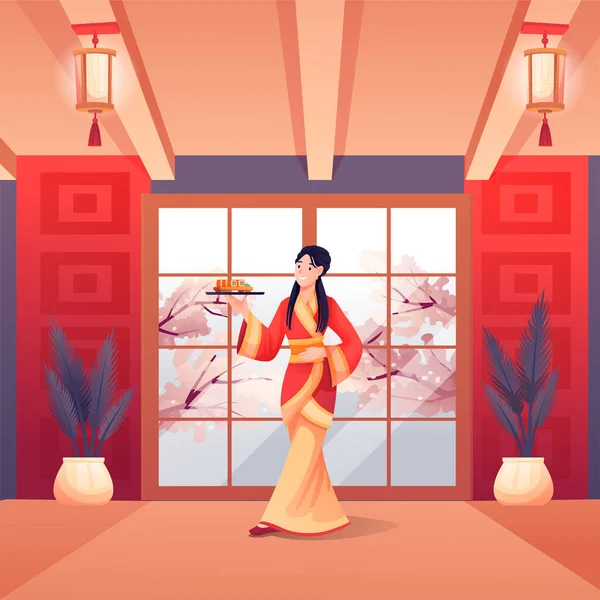 Waitress in Japanese sushi restaurant. Young woman with plate of food in cafe. Asian traditional cuisine vector illustration. Modern interior design with lanterns, window, plants — Stock Vector