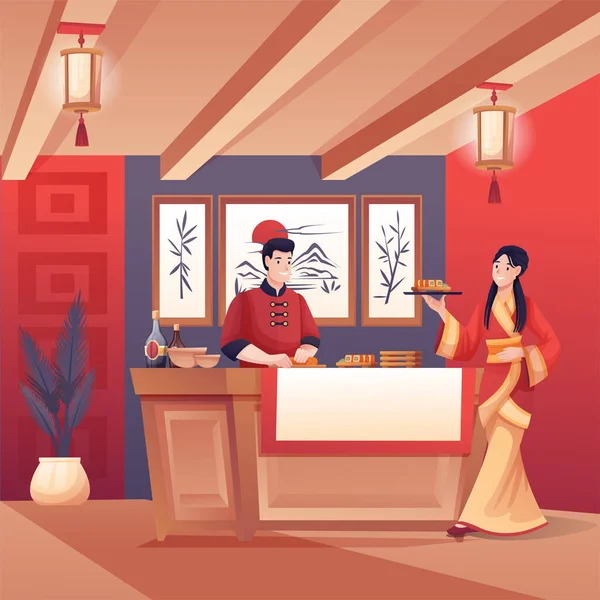 Chef cooking and waitress in Japanese sushi restaurant. Young woman with plate in cafe, man preparing food. Asian traditional cuisine vector illustration. Modern interior design — Stock Vector