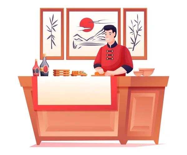 Chef kocht Sushi in japanischem Restaurant. Junger Mann bereitet Essen auf der Theke im Café zu. Illustration der traditionellen asiatischen Küche. Moderne Inneneinrichtung mit Gemälden an der Wand — Stockvektor