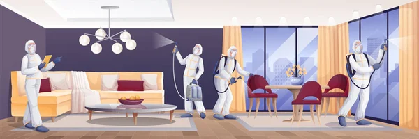 Professionals disinfecting living room from coronavirus or insects. Cleaning protection and decontamination vector illustration. People in safety suits spraying chemicals indoor — Stock Vector