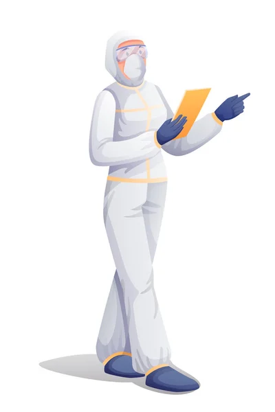 Professional giving instructions to disinfect room from coronavirus or insects. Cleaning protection and decontamination vector illustration. Person in safety suit and mask with paper — Stock Vector