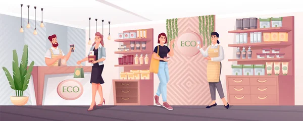 People shopping in eco zero waste shop. Woman choosing cream, assistant helping, man at counter selling products vector illustration. Ecological store interior design panorama — Stock Vector