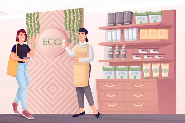 Frau beim Einkaufen im Eco Zero Waste Shop. Junge Kundin wählt Creme, Assistentin hilft bei der Produktvektorillustration. Ökologischer Laden Innenarchitektur Blick mit Menschen — Stockvektor