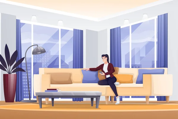 Mädchen entspannen im modernen Wohnzimmer. Frau mit Telefon sitzt auf Sofa-Vektor-Illustration. Hintergrund der Innenarchitektur für Erholung und Erholung — Stockvektor