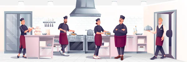 Lidé vaří v kuchyni restaurace. Profesionální kuchař s posádkou připravující jídlo, číšník se servírovacím stolním vektorem ilustrace. Horizontální panorama, kulinářské zázemí interiéru — Stockový vektor