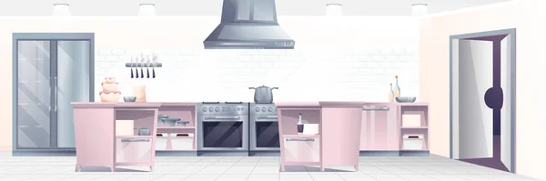 レストランキッチンインテリアデザインの背景。ストーブ、オーブン、カウンター、冷蔵庫のベクトルイラストで食品を調理するための専門的な場所。料理室の水平パノラマ — ストックベクタ