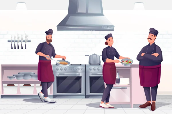 Pessoas que cozinham na cozinha do restaurante. chef profissional com tripulação preparando ilustração vetor de comida. panorama horizontal, sala de culinária interior fundo —  Vetores de Stock