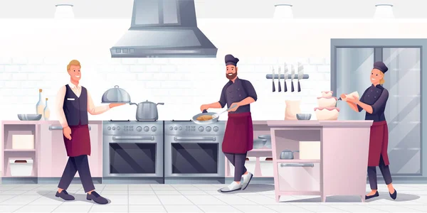 People cooking in restaurant kitchen. Professional crew preparing food, waiter with serving plate vector illustration. Horizontal panorama, culinary room interior background — Stock Vector