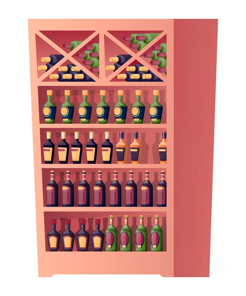 Alcohol shop cupboard with bottles. Interioir design element isolated on white background. Wine store furniture indoor vector illustration. Collection of wine, rum or whiskey — Stock Vector