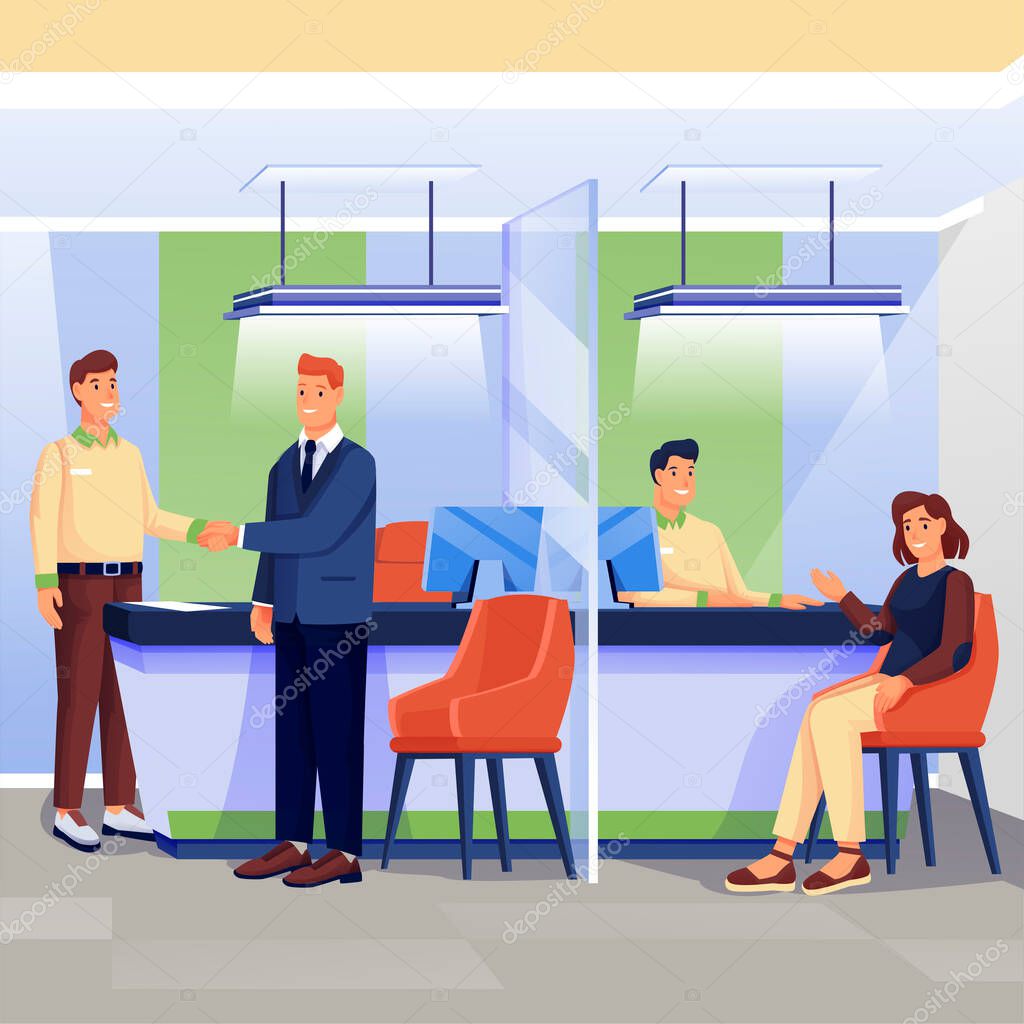 Workers and clients in bank office scene. Finance services, business department vector illustration. Financial workplace interior background. Woman talking with employee at desk, men shaking hands
