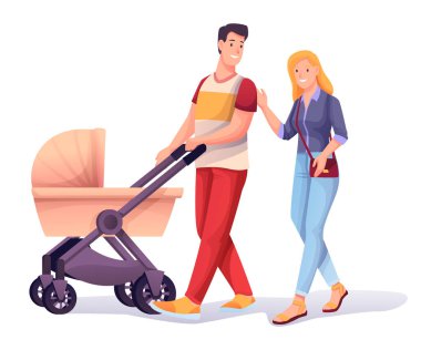 Bebek arabasıyla gezen bir çift. Çantası olan mutlu genç adam ve kadın bebek vektör çizimi ile devam ediyor. Aktif eğlence alanı, beyaz arka planda izole edilmiş aile.