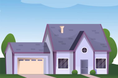 Banliyö evinin arka planı. Modern karikatür kasaba bina tasarımı vektör çizimi. Sıcak pencereler, kapı, garaj yolu, eve giden yol. Villanın yatay açık hava sahnesi