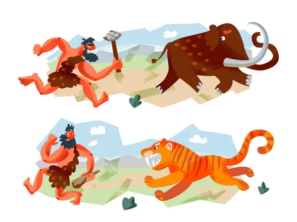 Grottmänniskor jagar djur i stenåldern. Förhistorisk antik historia vektor illustration. Män som springer efter mammut med yxa, bort från tigern. Vilda jägare med djur i naturen — Stock vektor