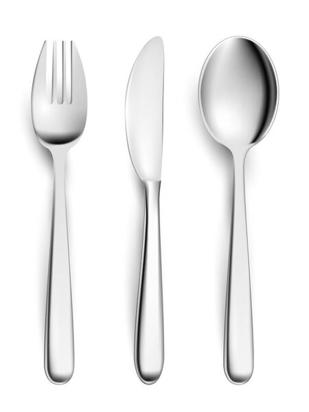Вилка, нож, ложка, столовые приборы, плоский уголок. Чистая посуда для ужина, завтрака, ужина или векторной иллюстрации на обед. Столовое серебро изолировано на белом фоне, вид сверху