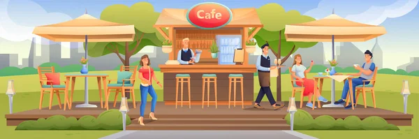 Personas en la cafetería de verano con terraza escena al aire libre. Restaurante exterior con mesas bajo sombrillas, barra ilustración vector contador. Pareja sentada, camarero en marcha, hombre en el mostrador — Vector de stock